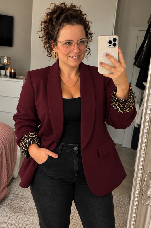 Blazer met Panterprint Manchetten Bordeauxrood | One Size (36-42)