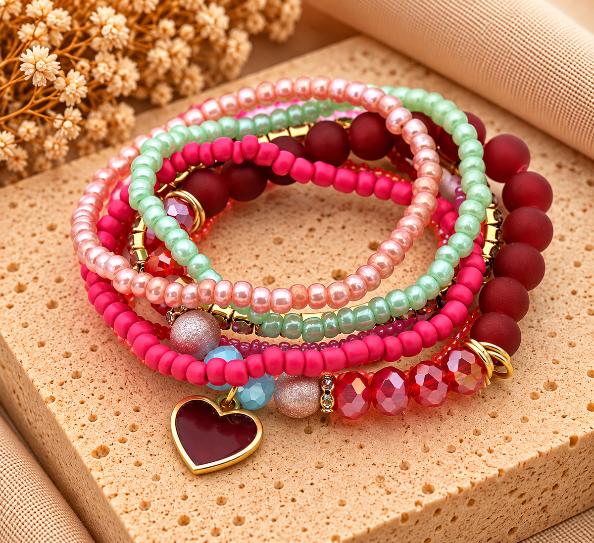 Kralen Armbandenset Rood/Roze – Elastisch – Multicolor met Hartje