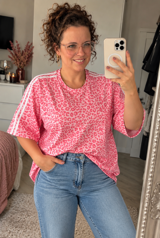 Roze Panterprint Shirt met Witte Strepen | One Size 36-42 - One Size Fashion