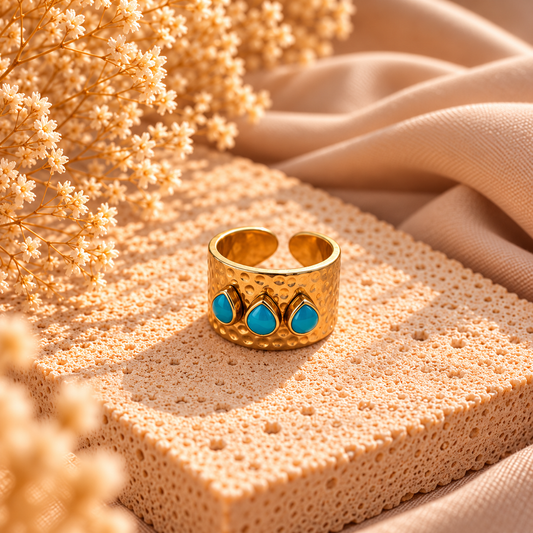 Stainless Steel Turquoise Statement Ring Verstelbaar Goudkleurig