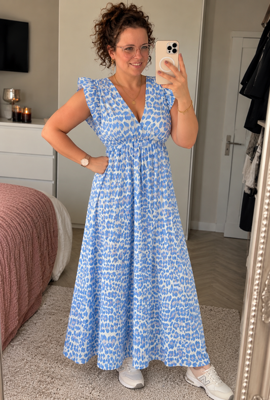 Lichtblauwe Leopard Maxi Jurk | One Size 36-42 - One Size Fashion