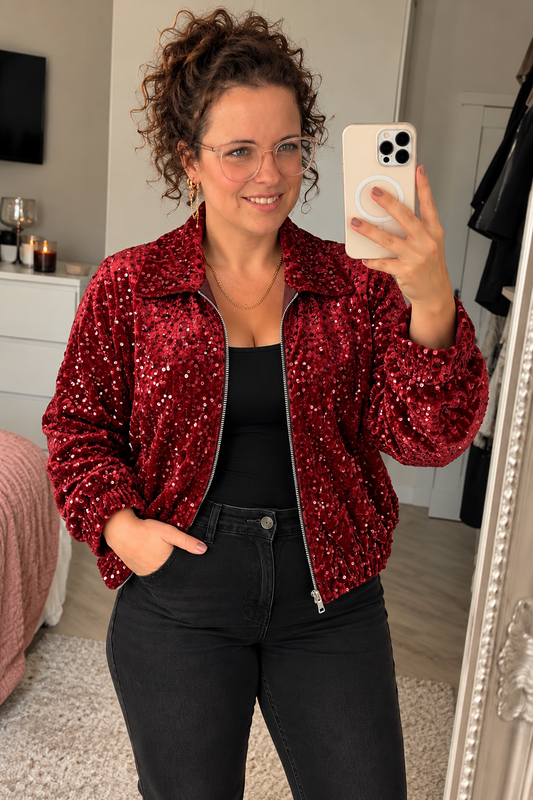 Bordeauxrood Pailletten Jasje met Rits – One Size (36-42)