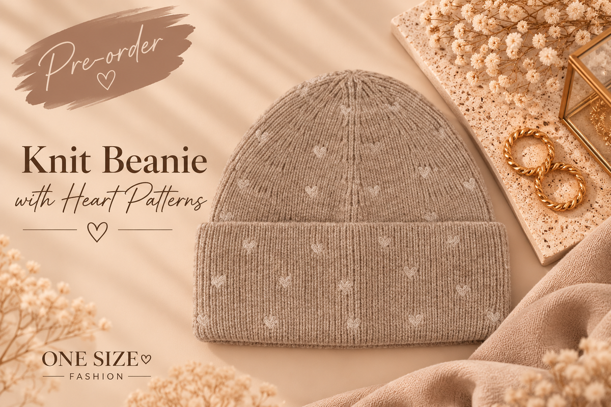 Gebreide Muts met Hartjes – Taupe | One Size Fashion