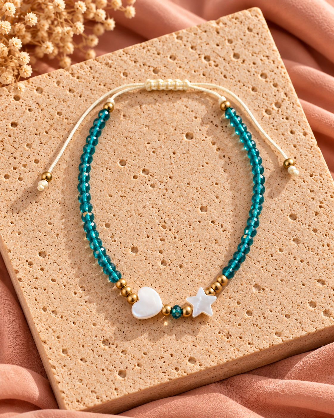 Turquoise Kralen Enkelbandje met Hart & Ster | One Size Fashion
