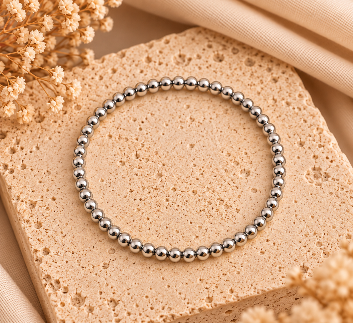 Elastische Kralenarmband Stainless Steel – Zilver 4 mm