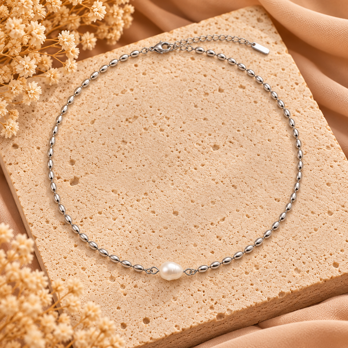 Ketting met Parel Zilverkleurig | Stainless Steel 40-45 cm