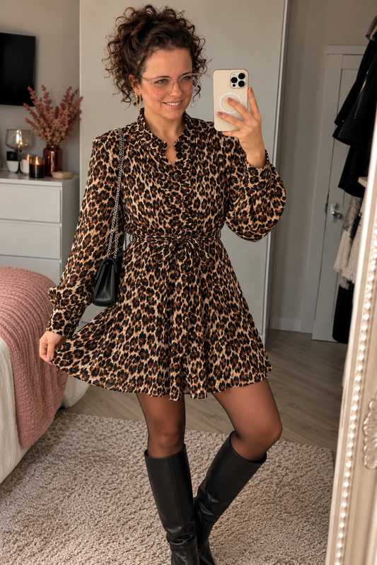 Panterprint Jurk met Strikceintuur Bruin | Damesjurk