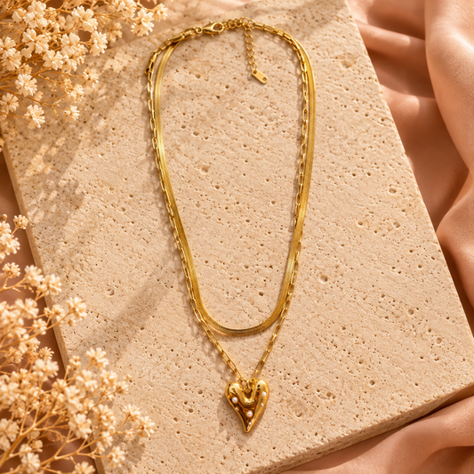 Layered Ketting Hartje en Parels Goudkleurig | Stainless Steel 40-45 cm