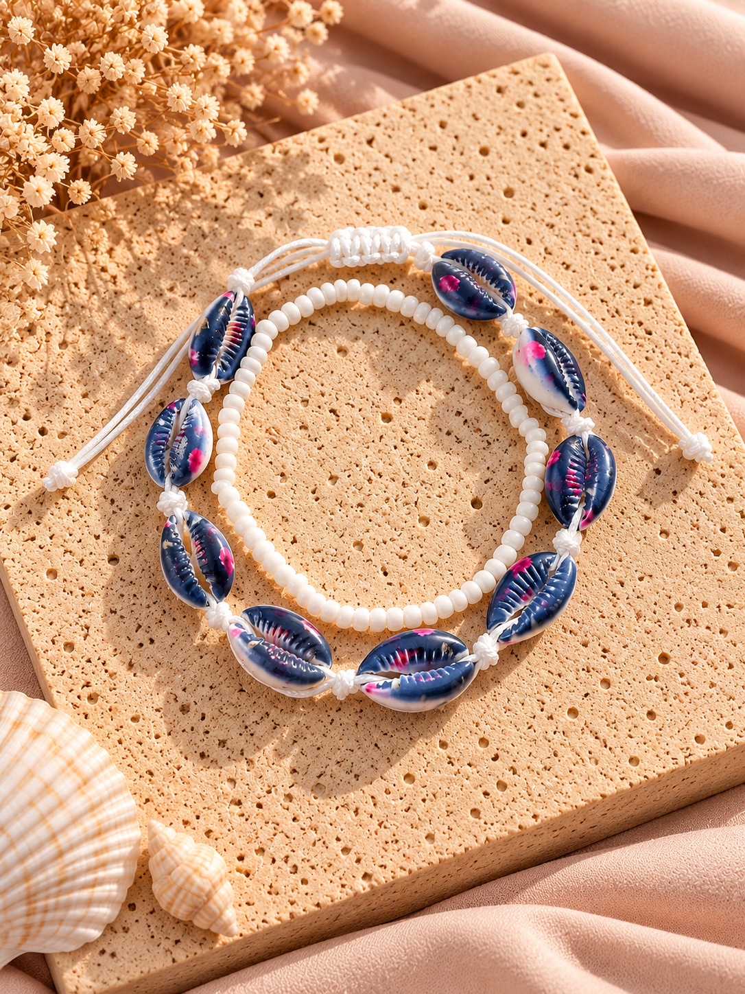 Donkerblauwe Schelp Enkelbandjes Set | One Size Fashion
