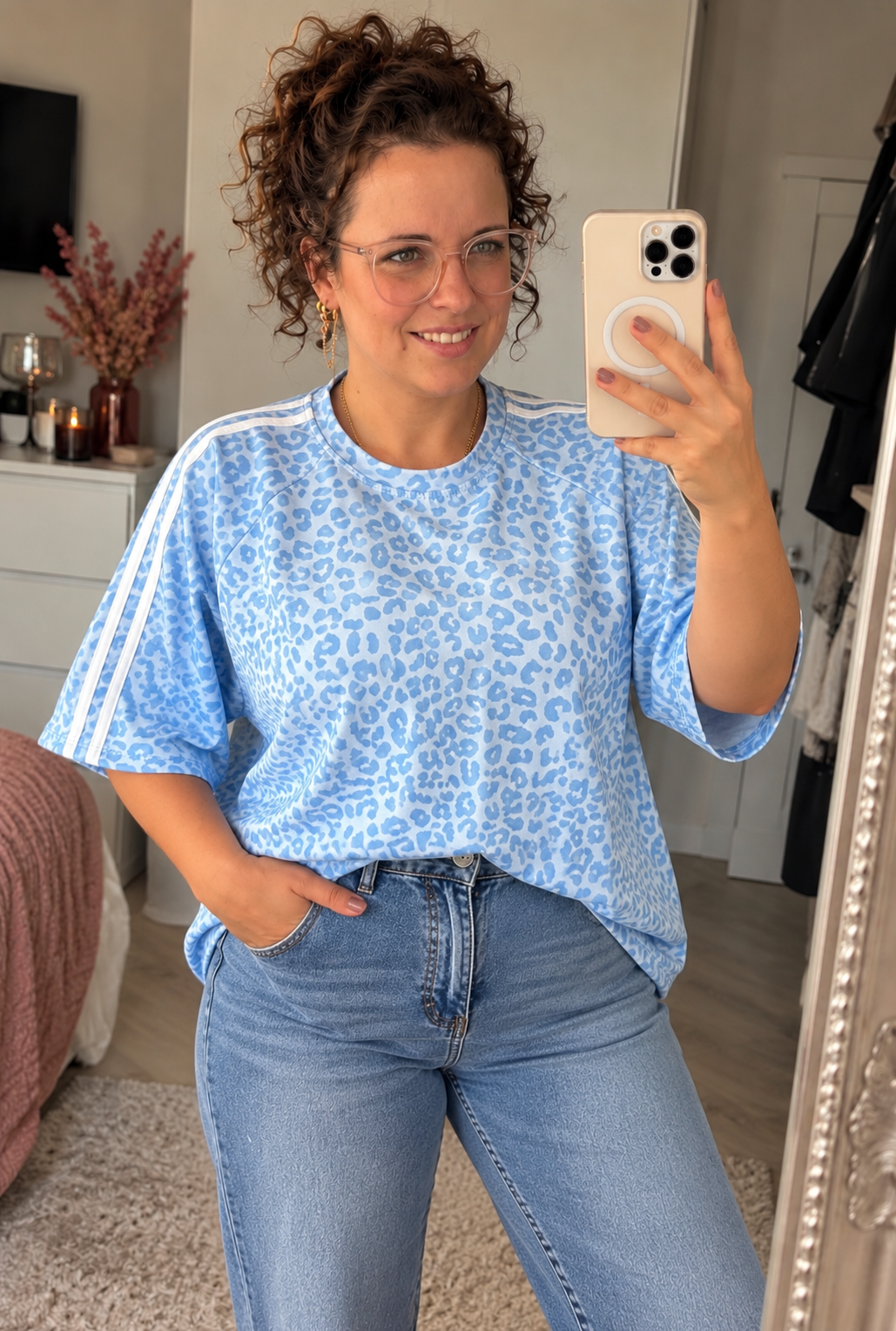 Blauw Panterprint Shirt met Witte Strepen | One Size -36-42 - One Size Fashion