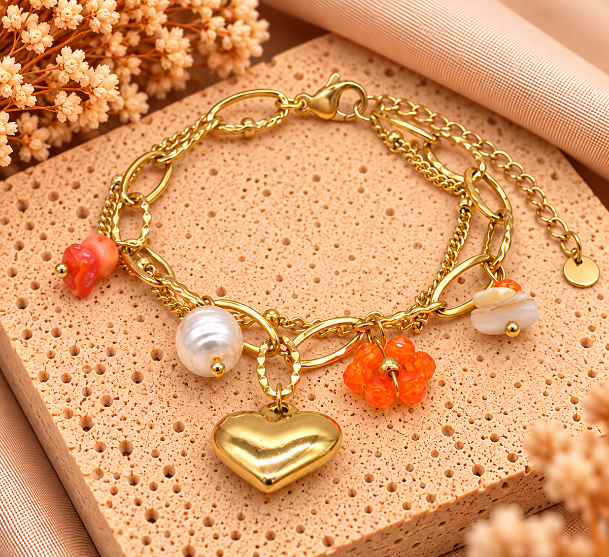Stainless Steel Bedelarmband Goudkleurig met Hartje – 17-21 cm