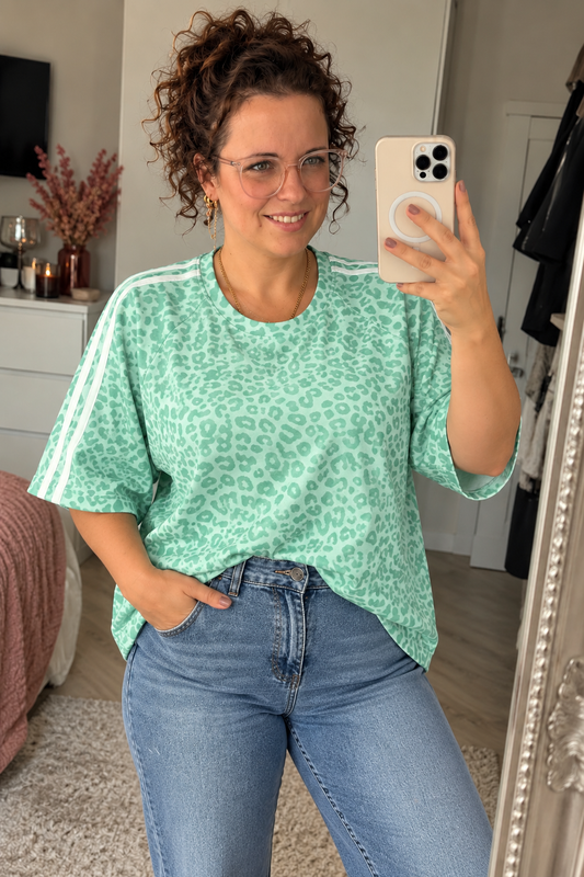 Groen Panterprint Shirt met Witte Strepen | One Size -36-42 - One Size Fashion