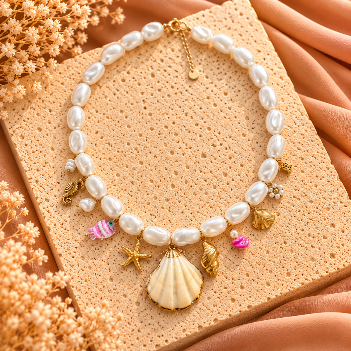 Parelketting met Schelpbedels | Beach Statement 40-45 cm