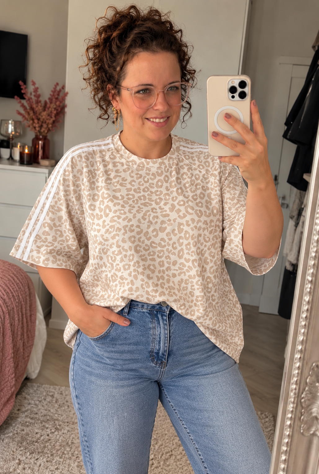 Beige Panterprint Shirt met Witte Strepen | One Size 36-42 - One Size Fashion