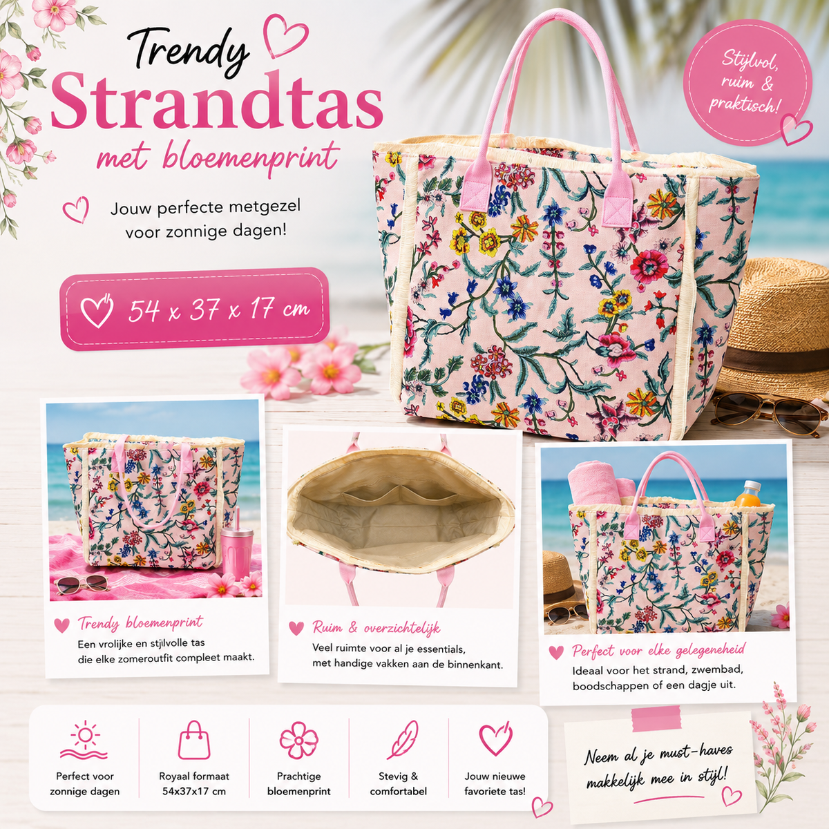 Strandtas Bloemenprint Roze Grote Damestas 54x37x17 cm dames strandtas One Size Fashion