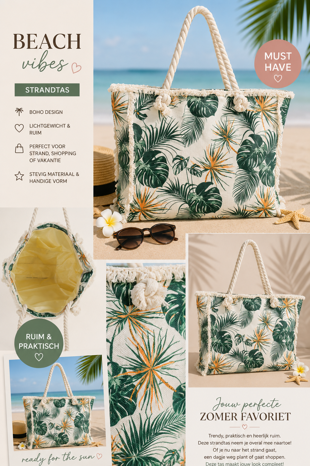 Tropical Strandtas Green 50x40x10 cm dames strandtas One Size Fashion