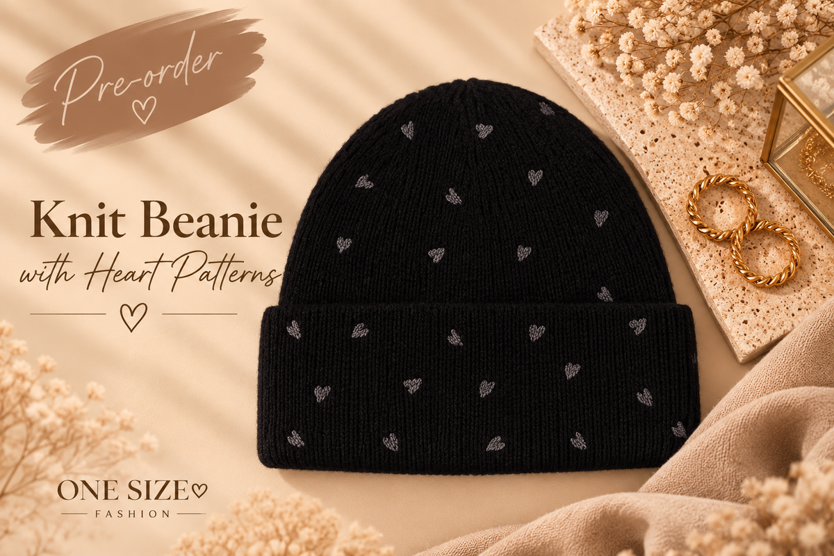 Gebreide Muts met Hartjes – Zwart | One Size Fashion