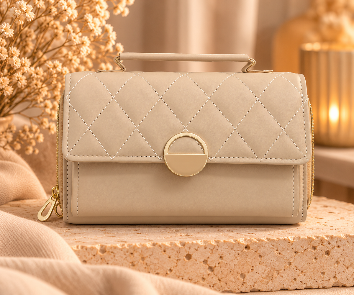 Beige Dames Schoudertas – Compacte Handtas met Gouden Sluiting