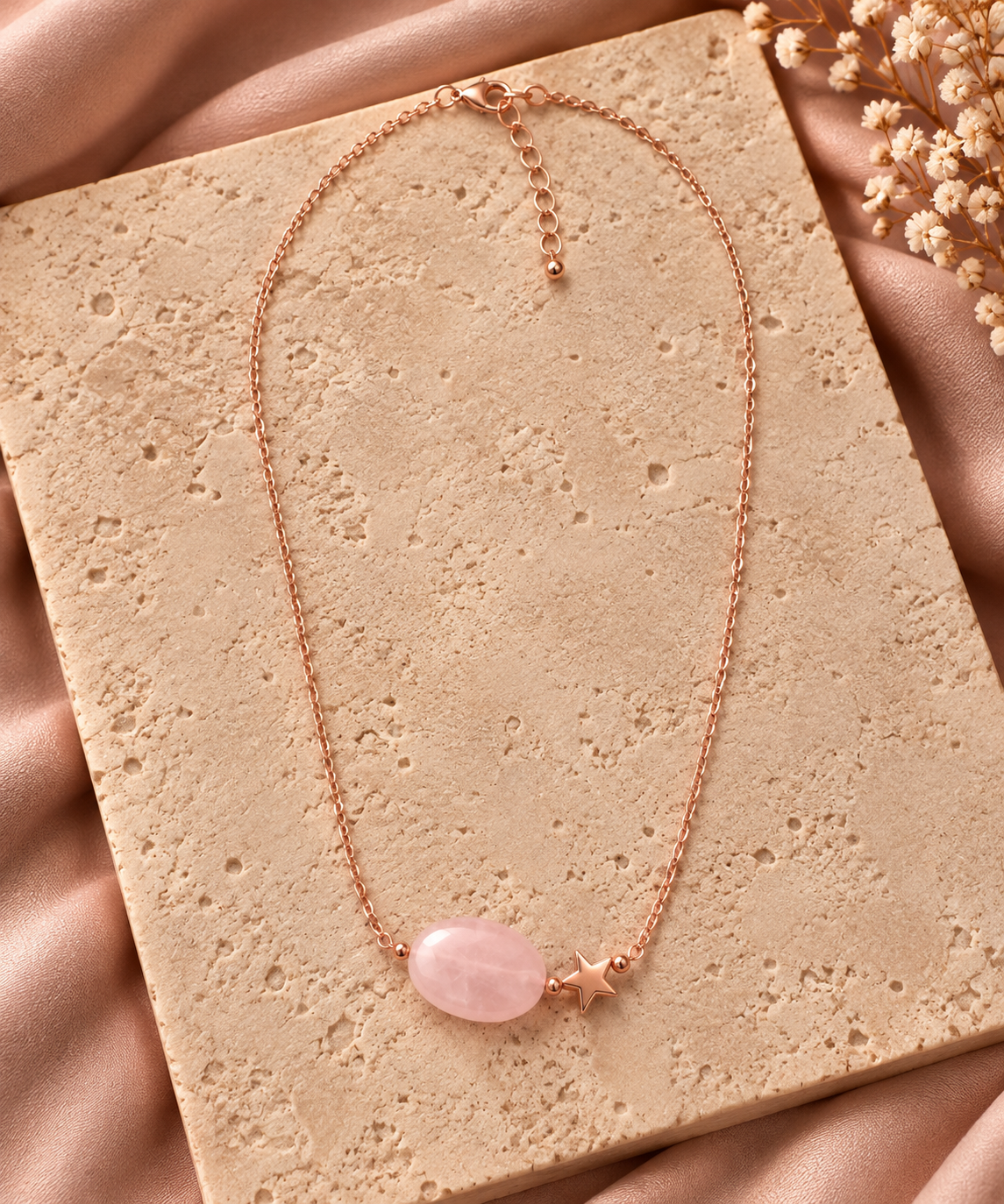 Ketting roze steen roségoudkleurig met ster | 39 + 5 cm