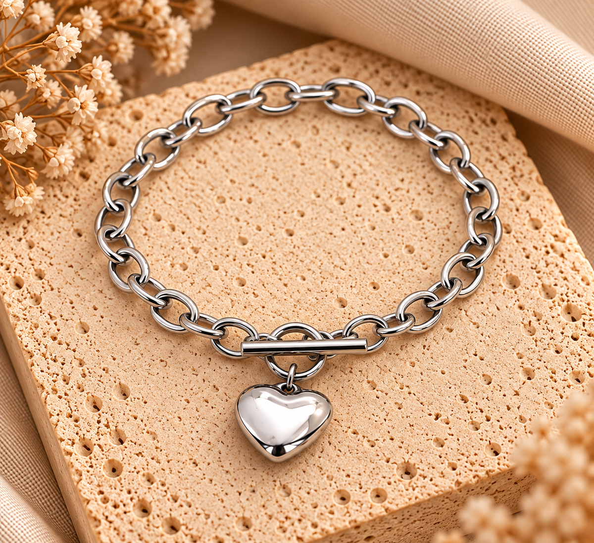 Stainless Steel Schakelarmband met Hartje – Zilverkleurig – 18 cm