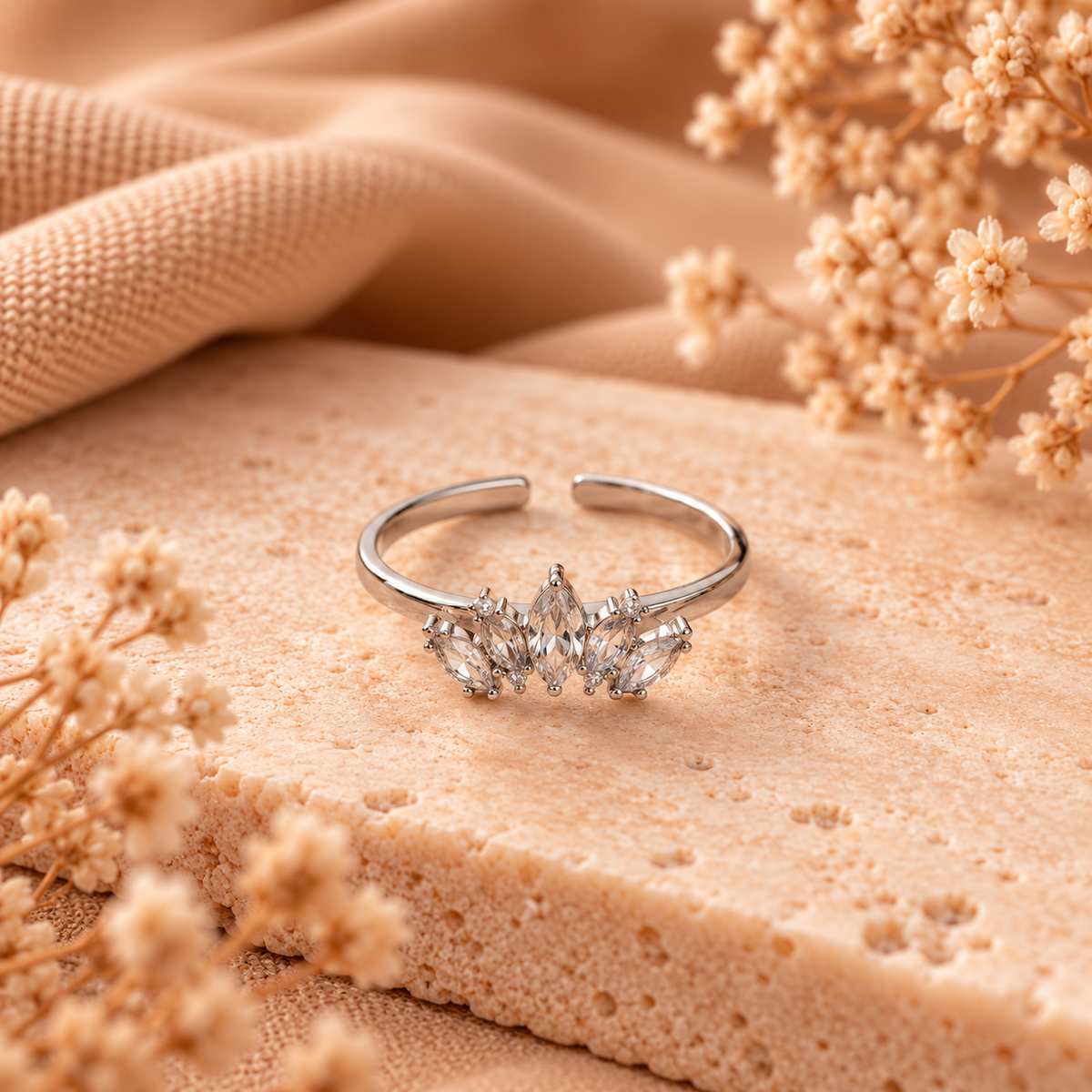 Stainless Steel Verstelbare Blaadjes Ring met Steentjes | Zilverkleurig