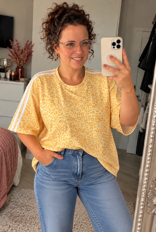 Geel Panterprint Shirt met Witte Strepen | One Size 36-42 - One Size Fashion