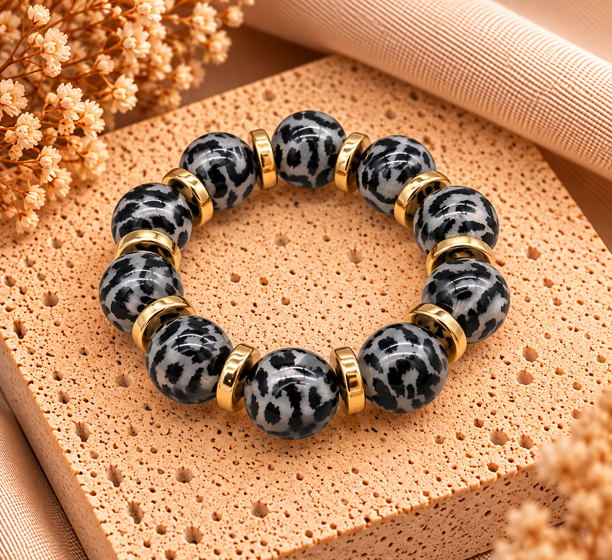 Elastische Panterprint Armband Grijs Zwart – 16 mm – 17-21 cm