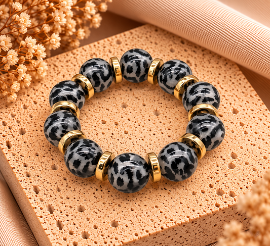 Elastische Panterprint Armband Grijs Zwart – 16 mm – 17-21 cm