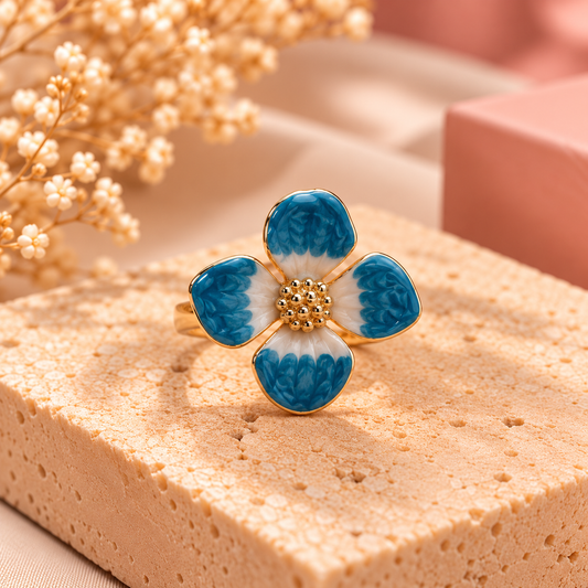 Goudkleurige Stainless Steel Bloemenring Blauw & Wit