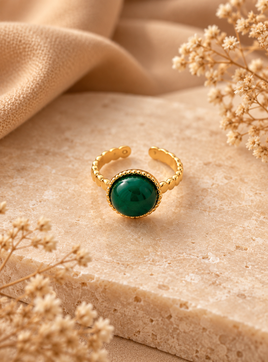 Stainless Steel Ring met Ronde Groene Steen | Goudkleurig