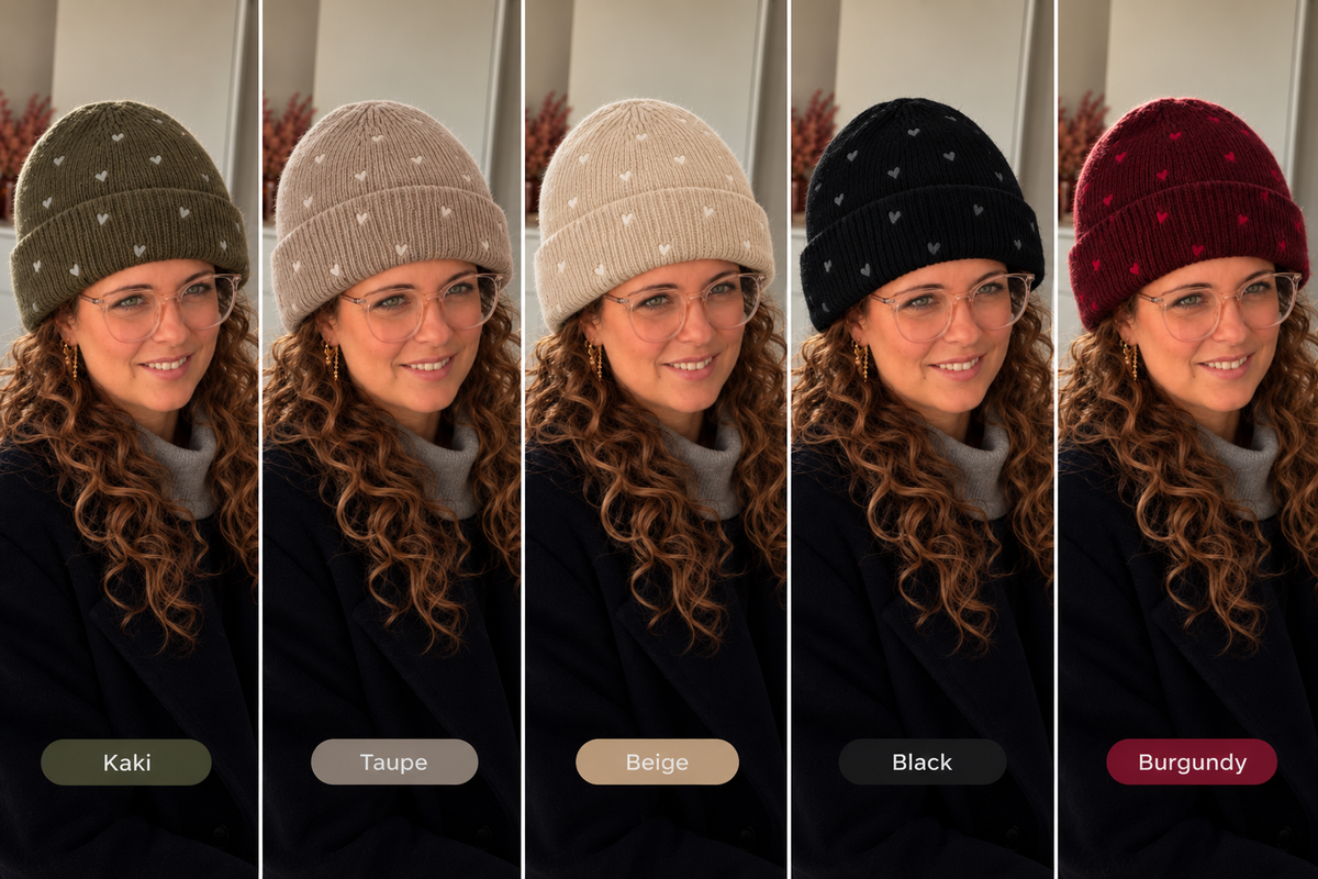 Gebreide Muts met Hartjes – Zwart | One Size Fashion