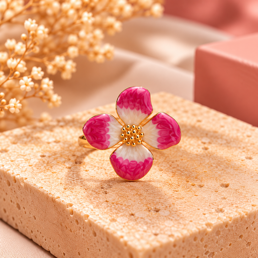 Goudkleurige Stainless Steel Bloemenring Roze & Wit