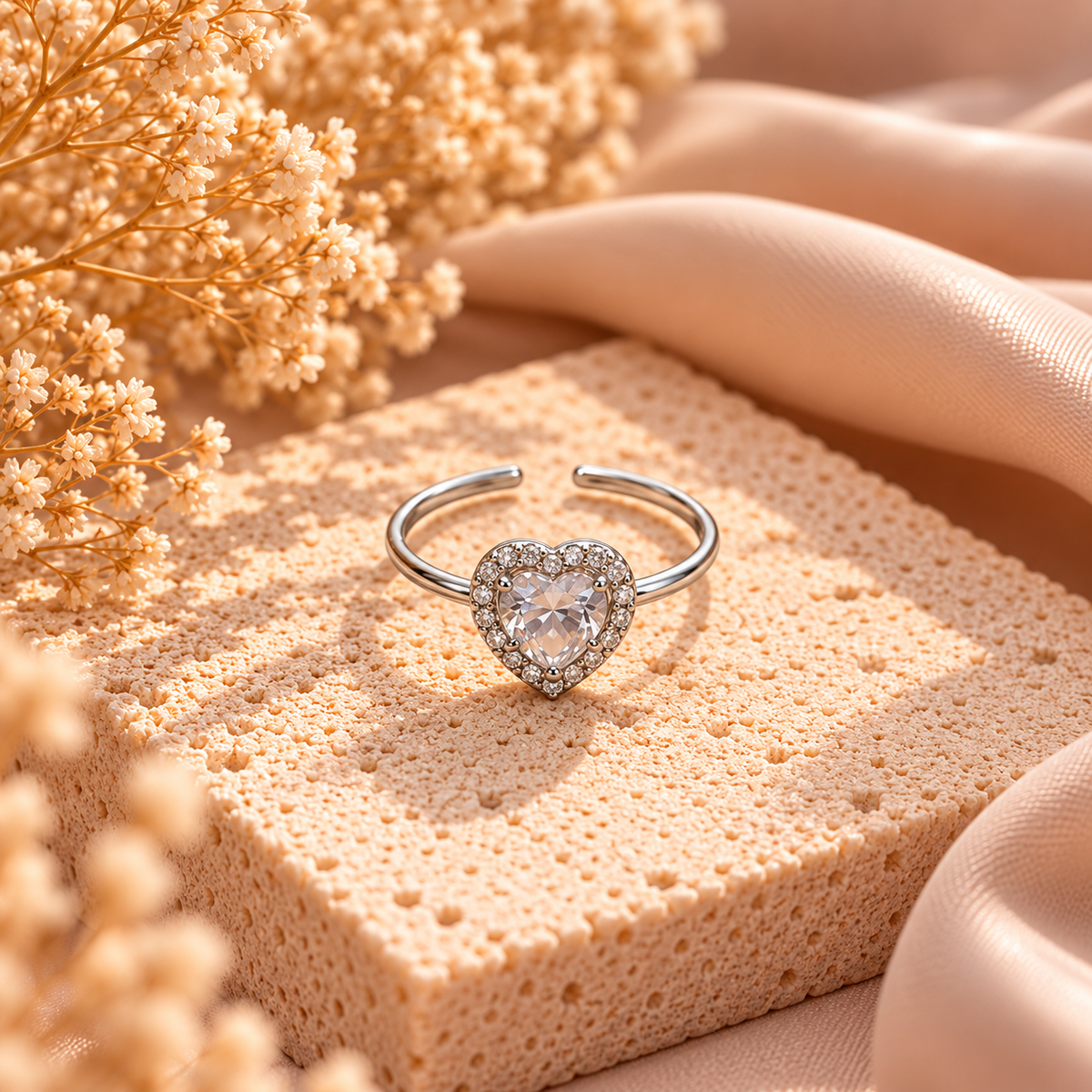 Stainless Steel Hart Ring met Steentjes Verstelbaar Zilverkleurig