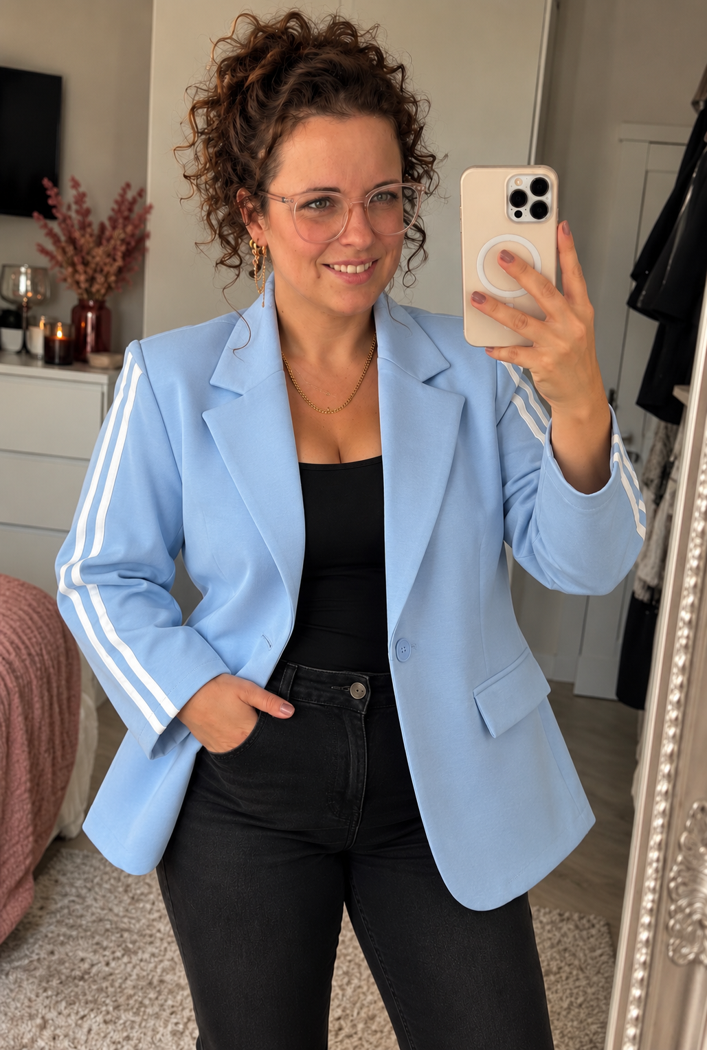 Lichtblauwe Blazer met Witte Strepen | One Size (36-42) - One Size Fashion