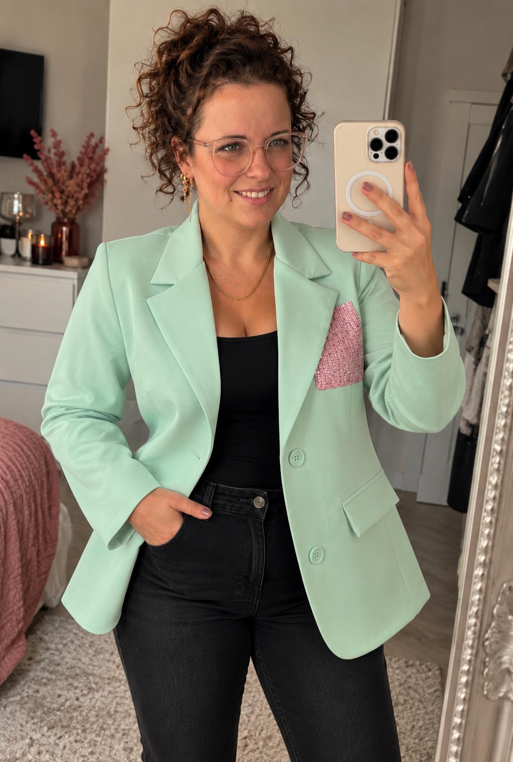 Mintgroene Blazer met Roze Pailletten Zak | One Size (36-42) - One Size Fashion
