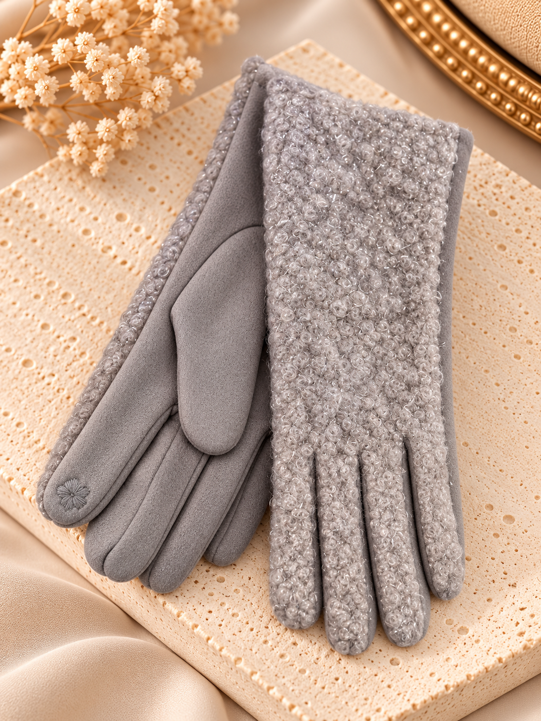 Dames Handschoenen Teddy – Grijs Glitter – One Size Fashion