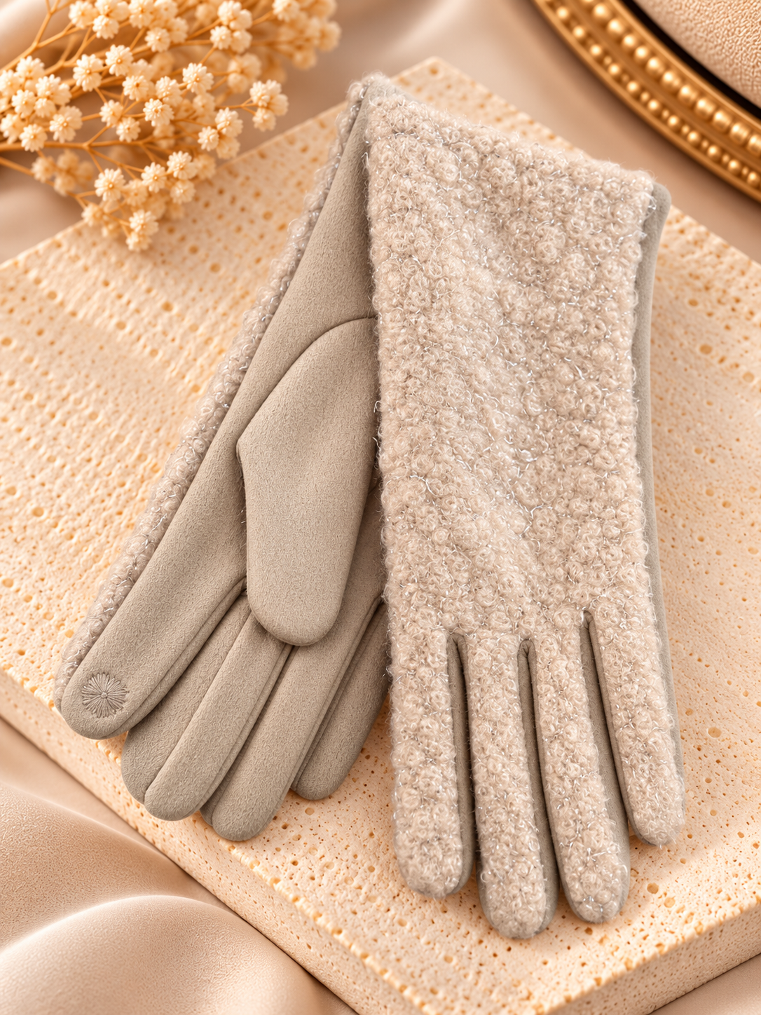 Dames Handschoenen Teddy – Beige Glitter – One Size Fashion
