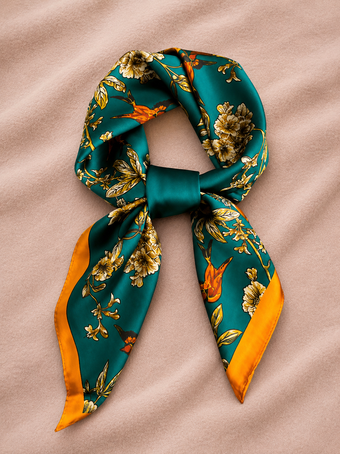 Emerald Bloom Satijnen Sjaal – Groen/Oranje Floral 70x70 cm | One Size Fashion