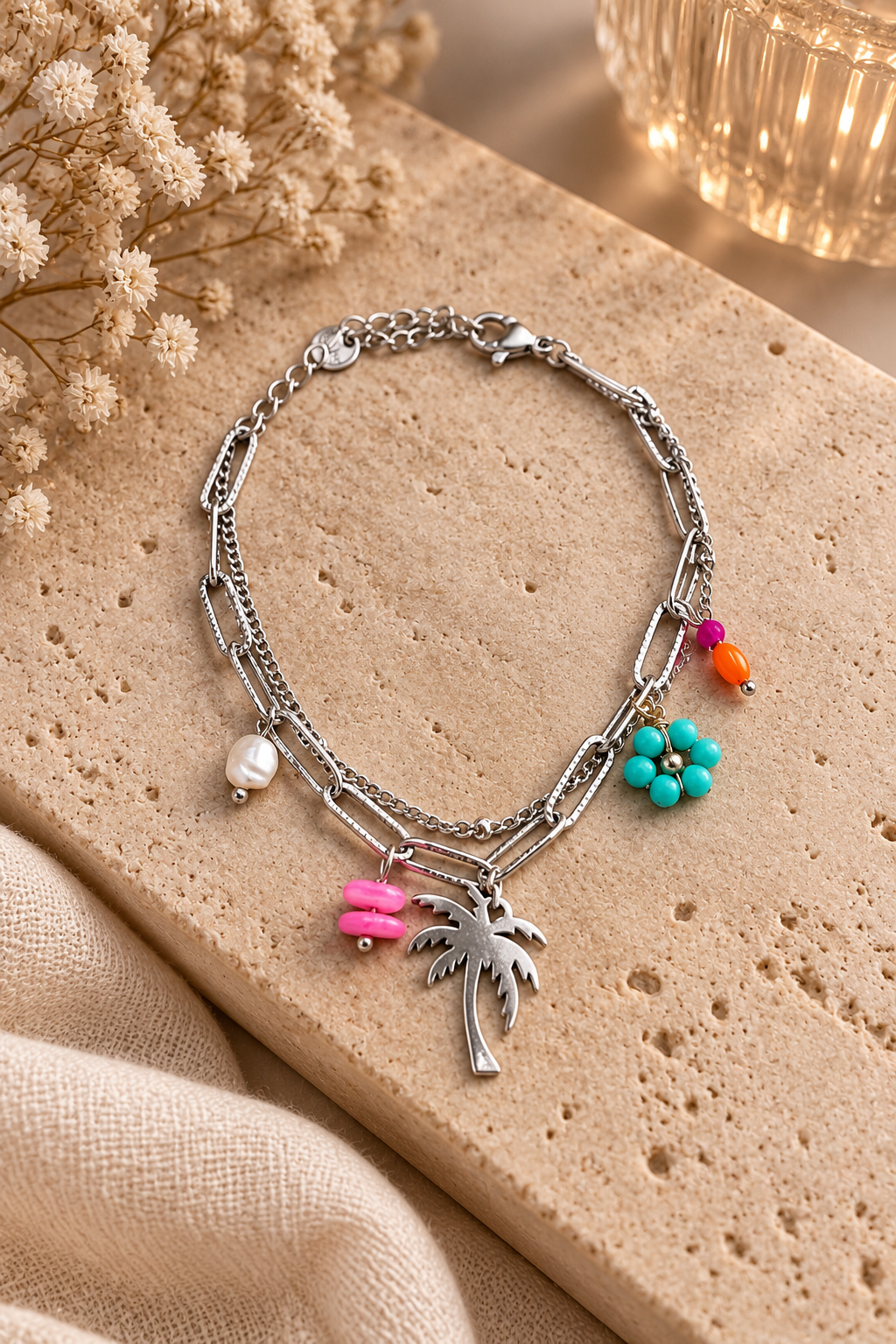 Zilverkleurige Palmboom Armband met Kleurrijke Kralen