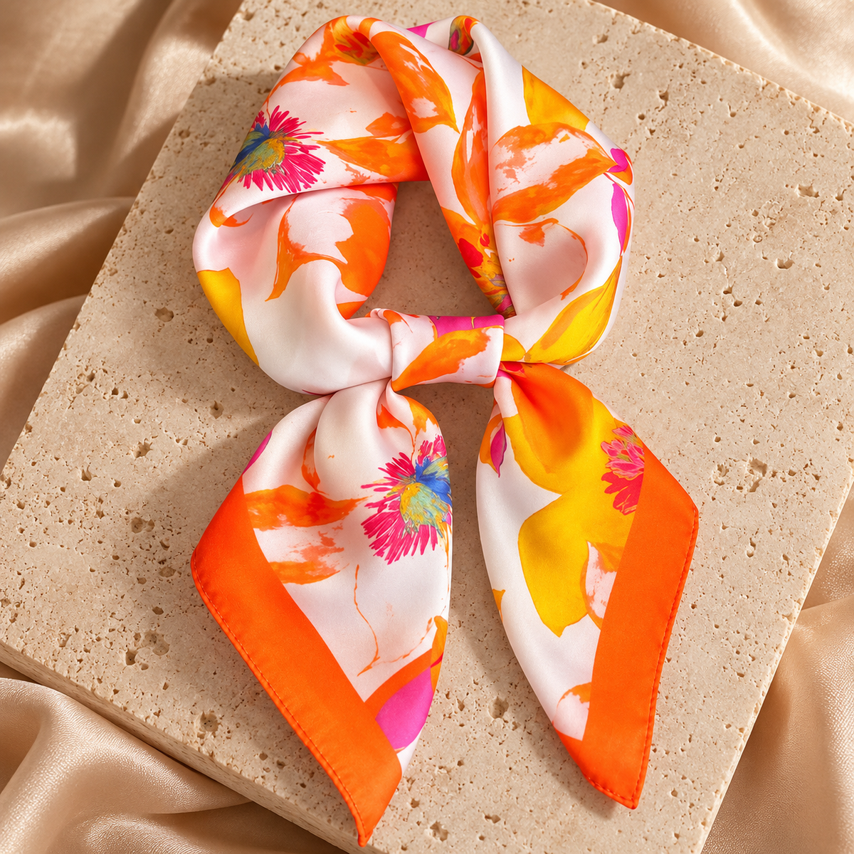 Satijnlook Sjaaltje Bloemenprint – Oranje & Roze | One Size Fashion
