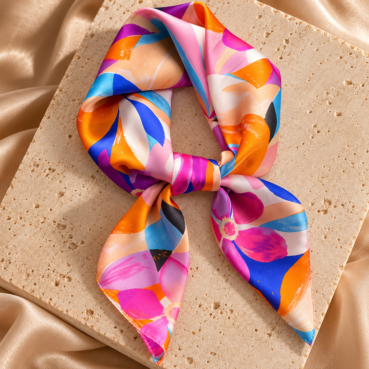 Satijnlook Sjaaltje Bloemenprint – Roze, Oranje & Blauw | One Size Fashion