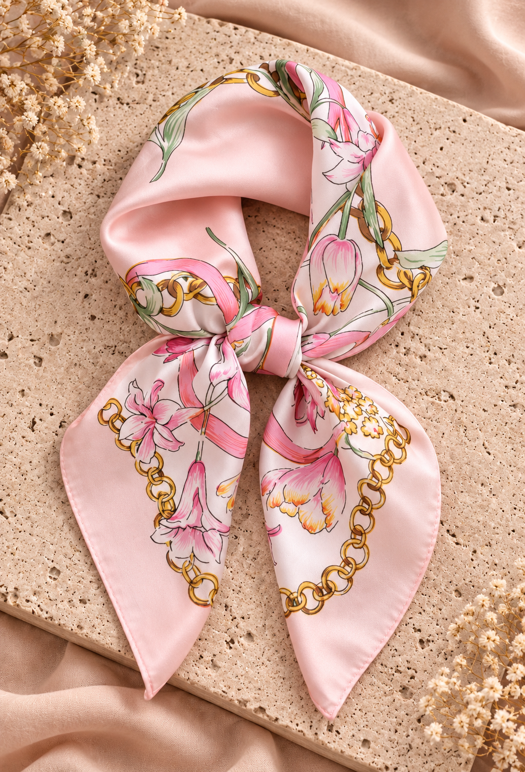 Roze Bloemen & Kettingprint Sjaal Satijn Look | One Size Fashion