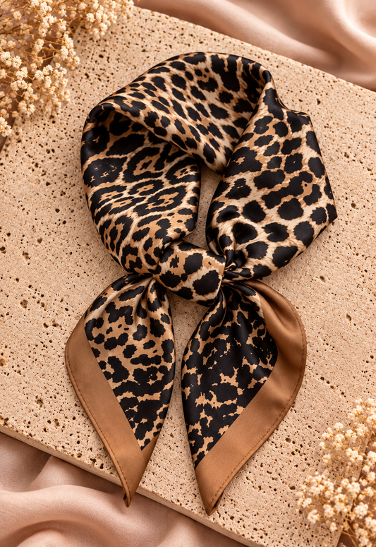 Panterprint Sjaal Bruin/Zwart Satijn Look | One Size Fashion