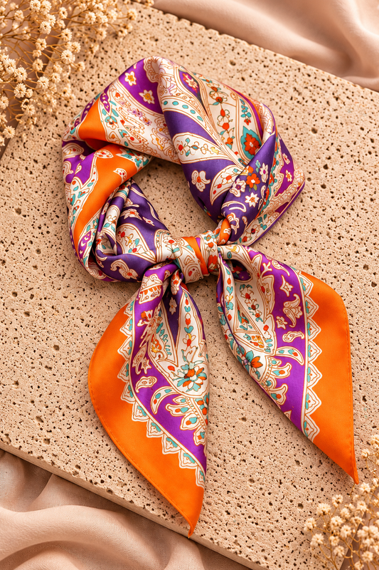Satijnen sjaal 70x70 cm paars oranje paisley – dames sjaaltje | One Size Fashion