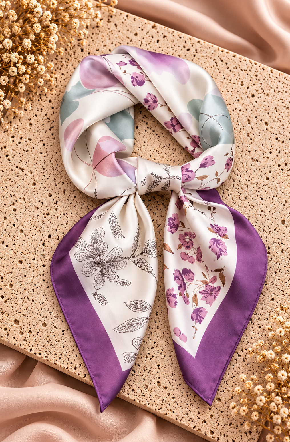 Satijnen Sjaaltje Beige met Paarse Rand en Bloemenprint | One Size Fashion