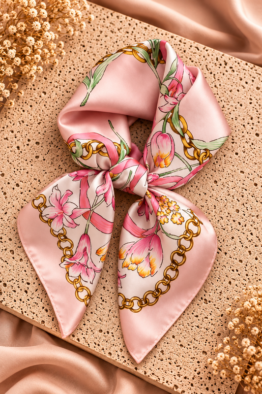 Roze sjaal met bloemen en kettingprint 70x70 cm | One Size Fashion