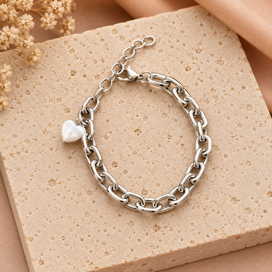 Stainless Steel Armband Zilverkleurig met Parelhartje – 17-21 cm