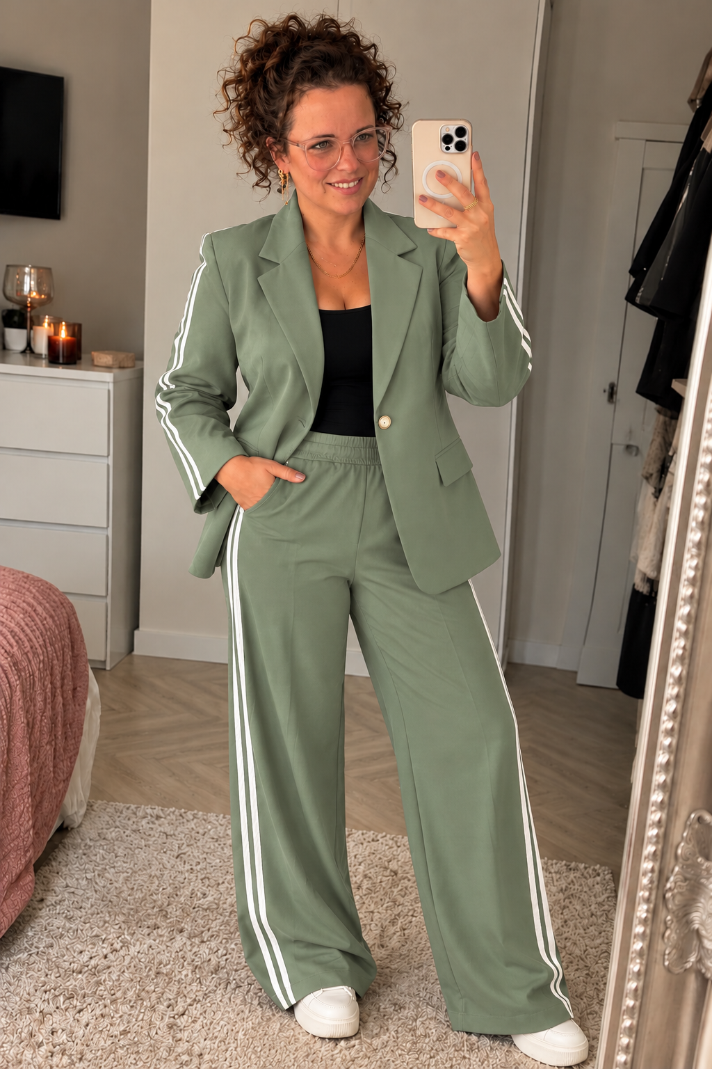 Dames Broekpak Blazer & Wide Leg Broek Kaki | One Size 36-42