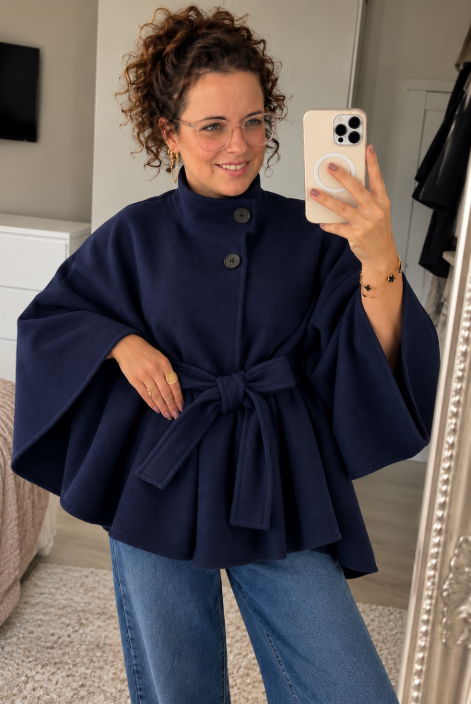 Cape Poncho met Strikceintuur Marineblauw | One Size (38-44)