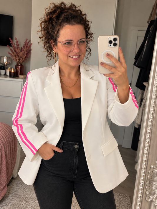 Witte Blazer met Roze Strepen | One Size (36-42) - One Size Fashion